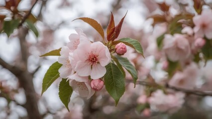 Macro shot of blooming peach tree over blurred background with flower, flowers, nature, tree, spring, leaf, floral, beauty, garden.