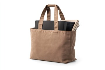 Canvas Bag of Essentials: a sturdy canvas bag, brimming with notebooks and documents, embodies simplicity and functionality. Ideal for both daily commutes and creative endeavors. 