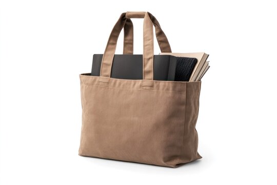 Canvas Bag of Essentials: a sturdy canvas bag, brimming with notebooks and documents, embodies simplicity and functionality. Ideal for both daily commutes and creative endeavors. 