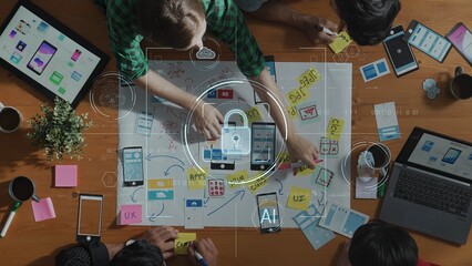 A vibrant workspace showcasing a collaborative brainstorming session on application design,...