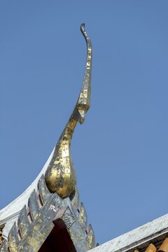 Chofah on the pediment, roof decoration on the Uposatha Hall, Ubosot, Wat Benchamabophit, marble temple, Bangkok, Thailand