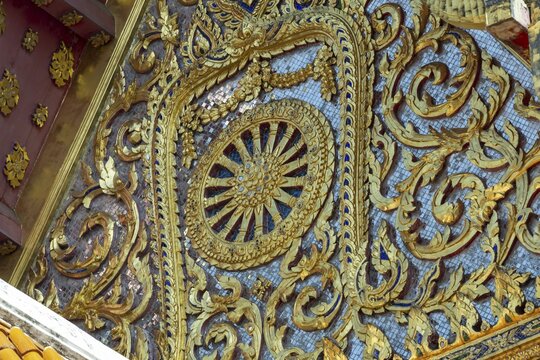 Wheel of Life in the pediment of the Uposatha Hall, Ubosot, Wat Benchamabophit, marble temple, Bangkok, Thailand