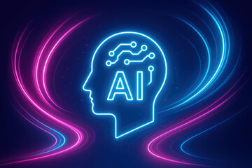 Neon outline of a human head with AI circuit inside and colorful light trails artificial intelligence