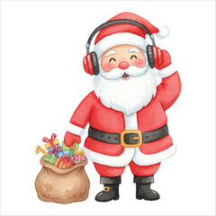 Watercolor Santa Listening to Music with Headphones and Candy Bag, White Background
