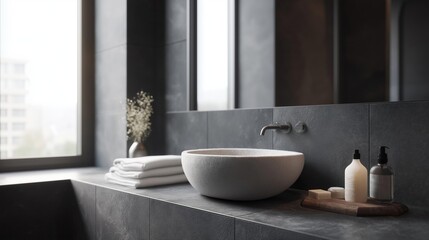 Fototapeta premium Modern bathroom with a large window on the left side. the window has a view of a city skyline.