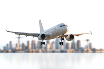 Obraz premium Soaring Above the City: An airplane gracefully ascends against the backdrop of a modern cityscape, symbolizing travel and exploration.