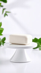 Minimal soap bar white pedestal glossy stand clean design modern showcase fresh aesthetic spa style skincare product natural leaf soft light. Minimal soap bar white pedestal and glossy stand