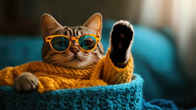 A stylish tabby cat wearing yellow sunglasses rests in a cozy knitted basket. The cat has a playful expression and is surrounded by colorful blankets.