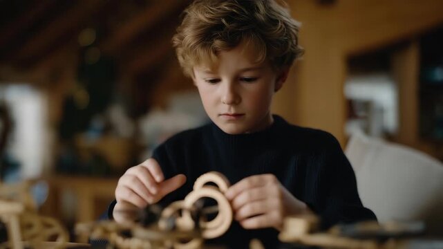 Children building kinetic holiday sculptures using gears, pulleys, and moving parts, emotion of fascination and innovation visible, symbolizing STEM-based festive creativity and engineering