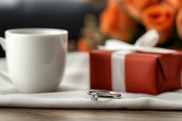 Love's Proposal: An engagement ring rests beside a wrapped gift, a steaming coffee cup, and a bouquet of roses, creating an intimate scene of romance.