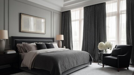 Modern and luxurious bedroom with a large window on the right side. the window has sheer gray curtains that let in natural light.