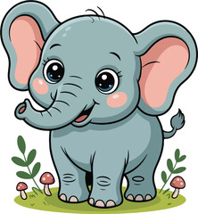 Fototapeta premium Cute cartoon baby elephant with pink ears and rosy cheeks illustration