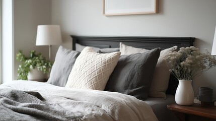 Bedroom with a large bed in the center. the bed has a black headboard and is covered with a white comforter and several gray and white pillows.