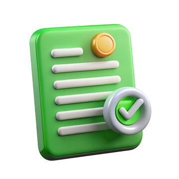 Green document illustration with check mark button signifying approval task completion and validation isolated on high quality 3d rendering icon