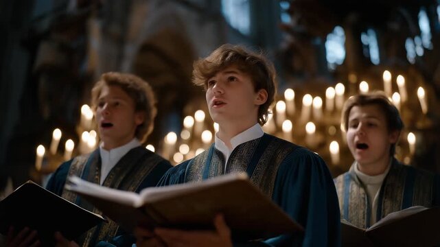 Choir singing traditional Christmas hymns in a grand cathedral filled with candles, emotion of devotion and harmony visible, representing seasonal church music, spiritual holiday traditions, and