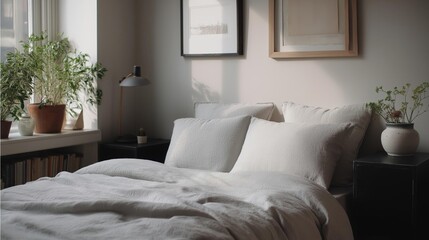 Bedroom with a large window on the left side. the window has white curtains and is letting in natural light. on the right side of the bed, there is a nightstand with a lamp and a potted plant.