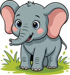 Obraz premium Cute cartoon baby elephant with big ears and blue eyes on grass animal 1