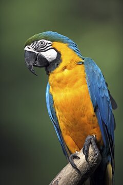 Yellow-breasted Macaw (Ara ararauna), Adult, portrait, Tree, Waiting, attentive, Pantanal, Brazil, South America