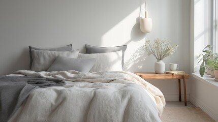 Modern bedroom with a large window on the right side. the window has white curtains and is letting in natural light.