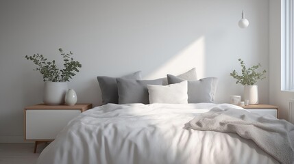 Modern bedroom with a large window on the right side. the window has white curtains and is letting in natural light.