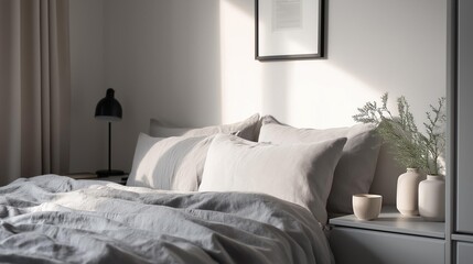 Modern bedroom with a white bed in the center. the bed has a white comforter and several white pillows. on the right side of the bed, there is a nightstand with a lamp and a vase with greenery.