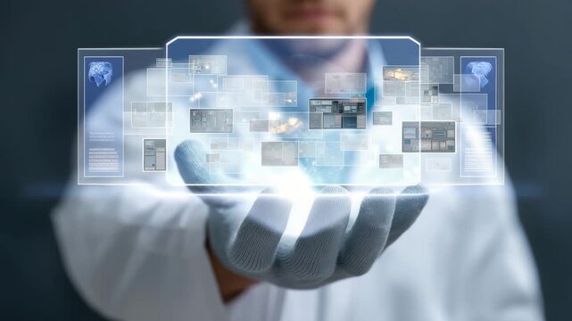 Corporate worker managing multiple holographic emails with AR gloves, emotion of control and innovation visible, symbolizing efficient digital communication, intelligent systems, and