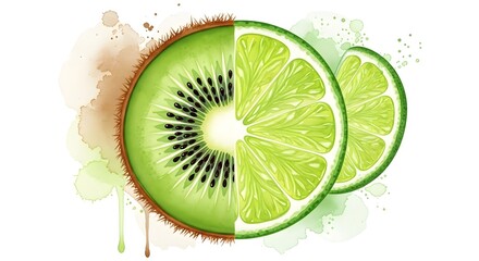 Watercolor illustration of a kiwi and lime fruit combination.