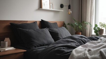 Modern bedroom with a large window on the right side. the window has white curtains and is letting in natural light.
