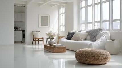 Modern living room with a large window on the right side. the room has white walls and flooring, and the ceiling is made of white beams.