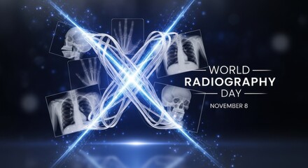 World Radiography Day celebrated on November 8, featuring glowing X-ray visuals, human skeletons, and futuristic medical imagery. Concept for healthcare, diagnostics, and radiology awareness