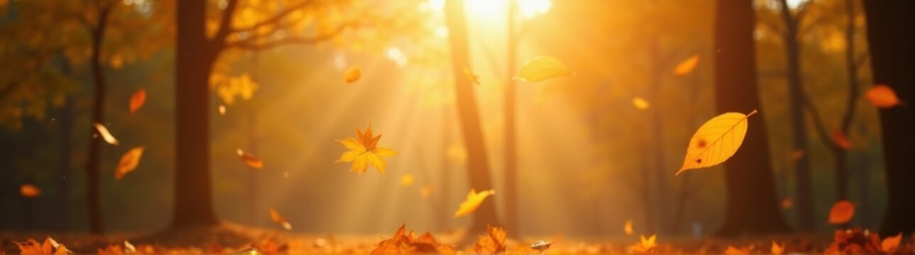 Leaves fall from trees in a forest with sun shining through the trees