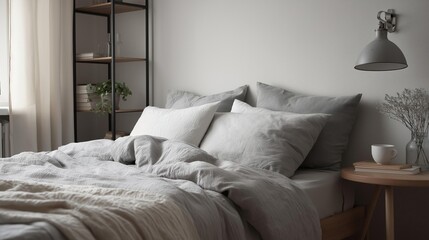 Modern bedroom with a minimalist design. the focal point of the room is a bed with a white comforter and several gray pillows.