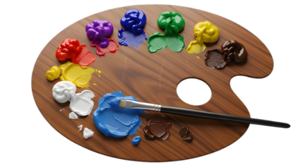 Wooden artists palette with vibrant paint colors isolated on transparent background, showcasing creative tools