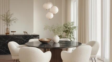 Modern dining room with a round wooden table in the center. the table has a black marble top and is surrounded by six white chairs with a curved backrest.