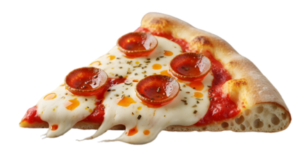 Appetizing pepperoni pizza slice with melted mozzarella cheese and tomato sauce on a black background on transparent background