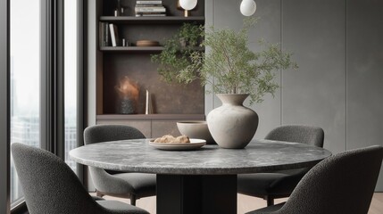 Modern dining room with a round table in the center. the table is made of a dark grey marble-like material and has a black base. around the table, there are six gray chairs with a curved backrest.