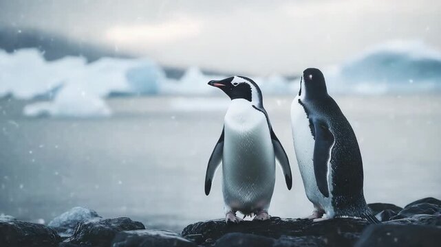Two emperor penguins stand on a snowy rocky shore near cracked ice in Antarctica, a symbol of love and care.