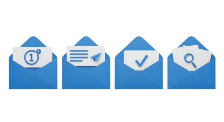 Four blue open envelopes with icons isolated on transparent background