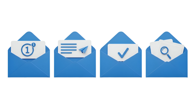 Four blue open envelopes with icons isolated on transparent background