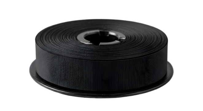 Closeup of a black ribbon roll isolated on transparent background, showcasing its texture and design, perfect for crafts