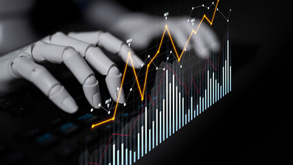 A futuristic robotic hand interacts with digital graphs and data trends, showcasing the...