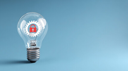 Concept of computer security illustrated by a light bulb with a lock symbol and gears representing protection and technology in a digital world