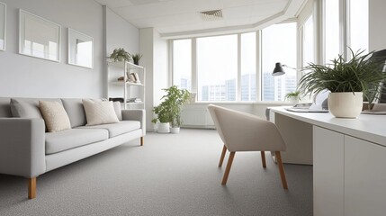 Modern living room with a large window that offers a view of the city.
