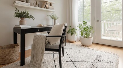 Corner of a room with a desk and a chair. the desk is black and has a few books and a vase with a plant on it. the chair is upholstered in a light-colored fabric and has armrests.
