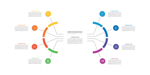 Modern infographic template. Creative circle element design with marketing icons. Business concept with 8 options, steps, sections.