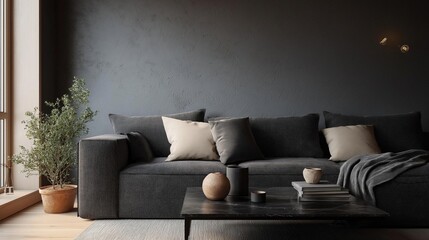 Modern living room with a gray sofa against a dark grey wall. the sofa has several beige throw pillows on it and a gray blanket draped over it.