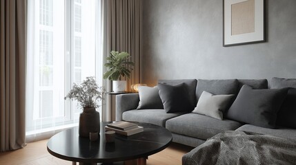 Modern living room with a large window on the left side. the window has beige curtains and offers a view of the city.