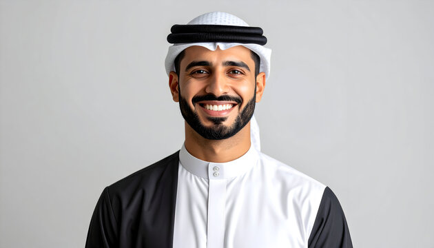 Portrait of a confident young Arab man in traditional attire smiling against a gray background.