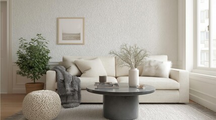Modern living room with a beige sofa and a round coffee table in the center. the sofa is upholstered in a light beige fabric and has several throw pillows on it.