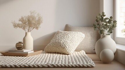 Corner of a room with a window on the right side. on the left side of the image, there is a white vase with a bunch of dried flowers in it.